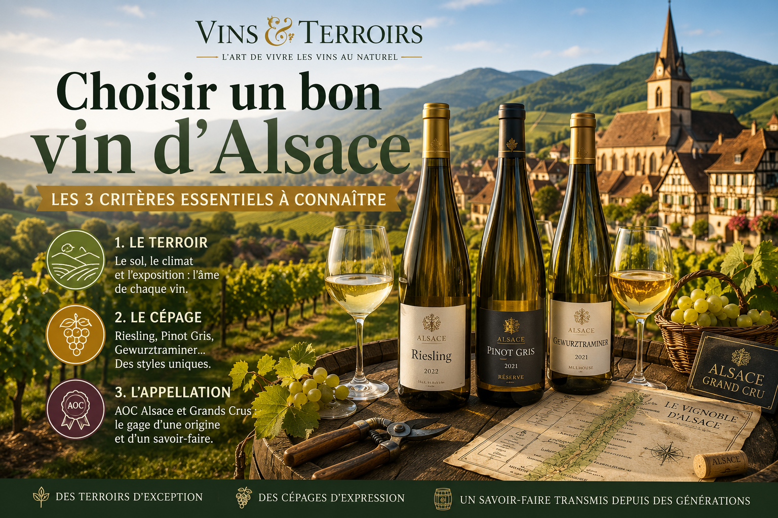 Guide pour choisir un bon vin d’Alsace à partir de trois critères essentiels : le terroir, le cépage et l’appellation, illustré par des bouteilles alsaciennes au cœur du vignoble.