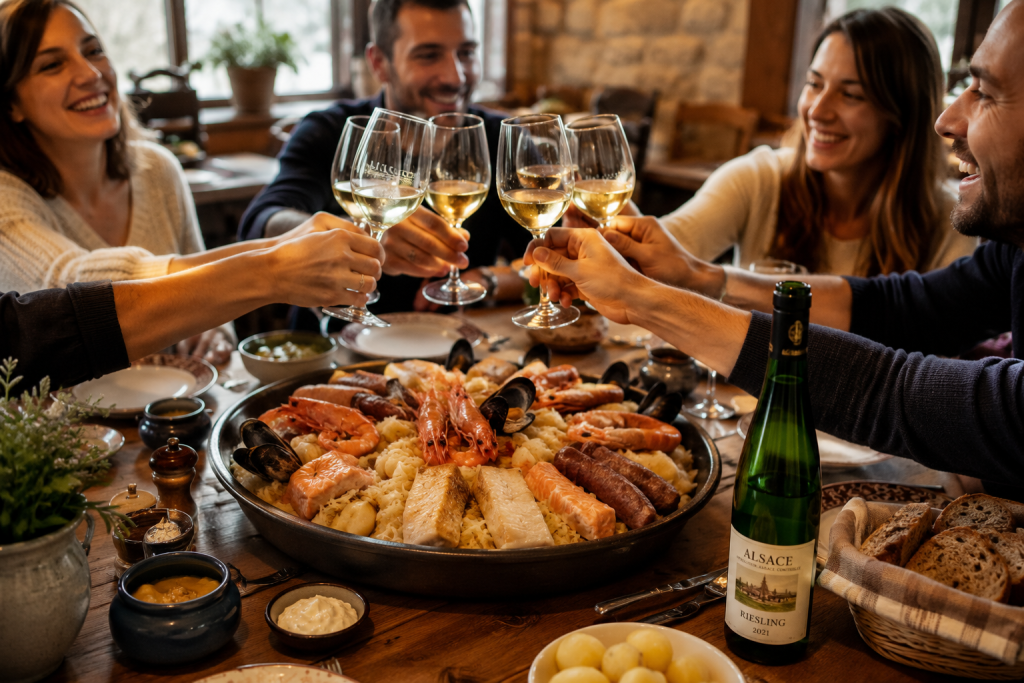 Plus qu'un simple accord mets-vins, la choucroute et les vins d'Alsace racontent une histoire de terroir, de convivialité et de partage. Autour d'une belle table, un verre de Riesling à la main, ces saveurs authentiques prennent une dimension encore plus gourmande et chaleureuse.
