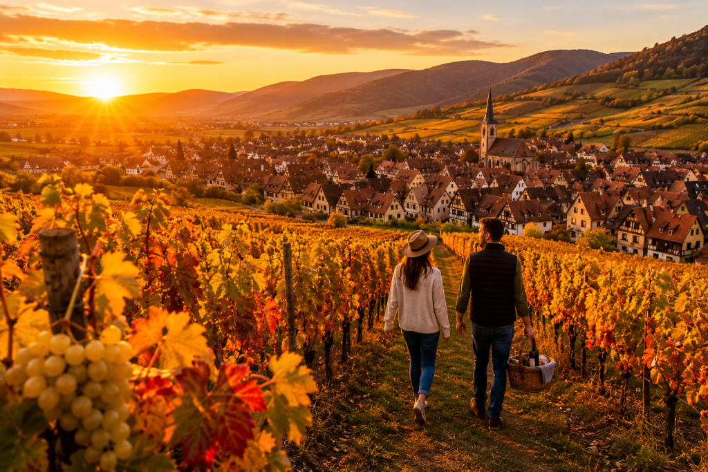Promenade au coucher du soleil dans les vignobles d’Alsace lors d’une expérience œnotouristique insolite sur la Route des Vins d’Alsace.