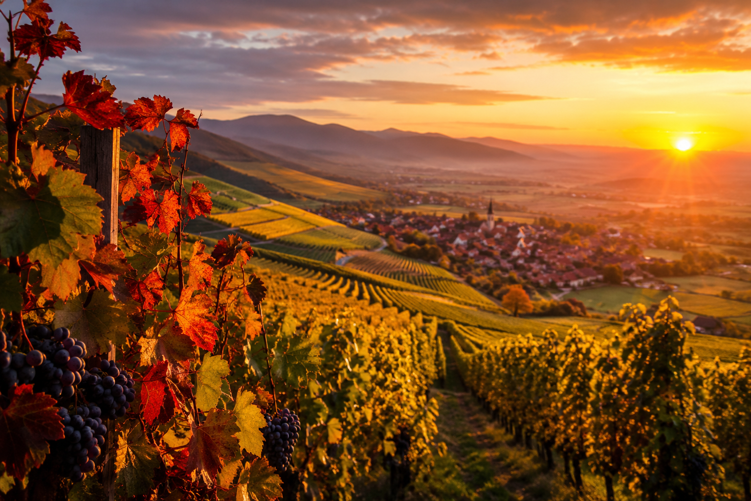 Vignoble alsacien au coucher du soleil avec grappes de Pinot Noir, illustrant les terroirs et le potentiel de garde des vins rouges d'Alsace.