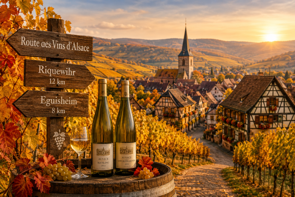 Paysage d'automne sur la Route des Vins d'Alsace avec vignobles dorés, bouteilles de vin alsacien et villages viticoles traditionnels au coucher du soleil