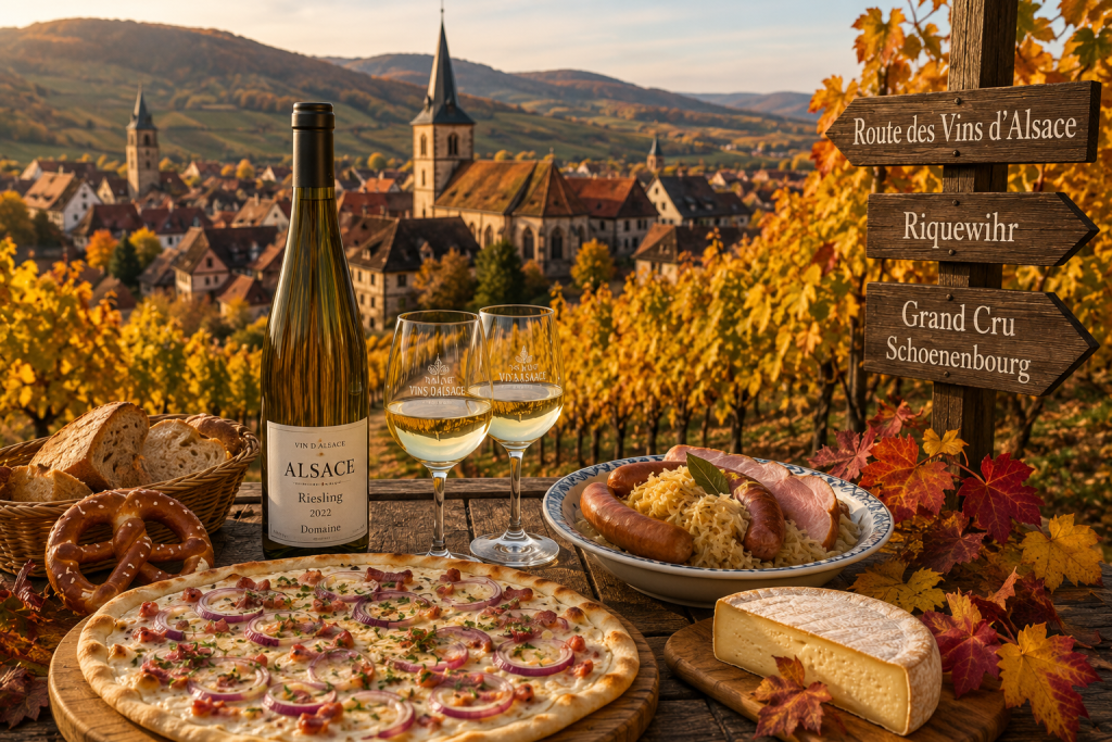 Table alsacienne avec spécialités régionales et vin d'Alsace au cœur du vignoble en automne