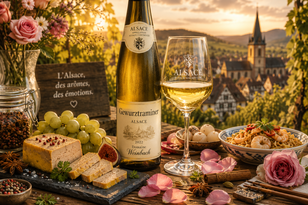 Bouteille et verre de Gewurztraminer d'Alsace accompagnés de foie gras, fromage, épices et roses dans une ambiance gastronomique alsacienne
