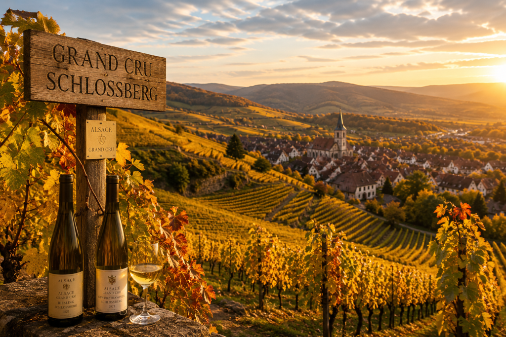 Vignoble Grand Cru d'Alsace aux couleurs d'automne avec panorama sur la Route des Vins