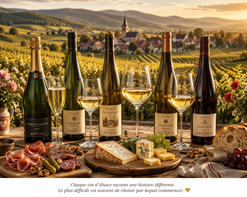 Sélection de vins d'Alsace avec Riesling, Gewurztraminer, Pinot Gris, Pinot Noir et Crémant sur une table gourmande face aux vignobles alsaciens