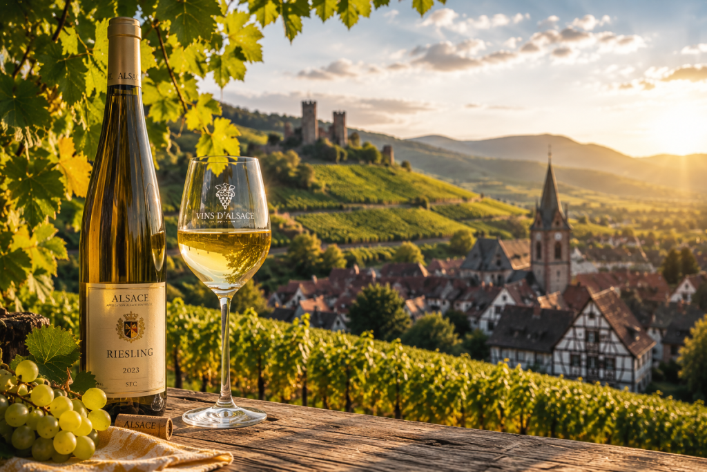 Verre de Riesling d'Alsace devant les vignobles et un village viticole au coucher du soleil