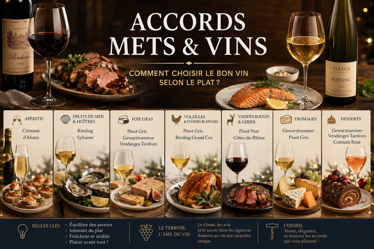 Accords mets et vins : sélection de vins rouges, vins blancs et spécialités gastronomiques illustrant les meilleurs accords entre plats, fromages, poissons, viandes et vins d’Alsace.