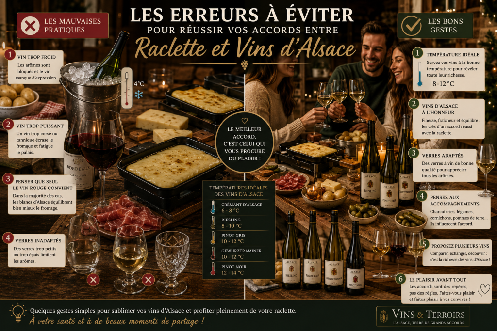 Infographie comparant les erreurs à éviter et les bonnes pratiques pour réussir les accords entre une raclette et les vins d'Alsace, avec conseils de service, températures idéales, choix des verres et sélection des cépages.