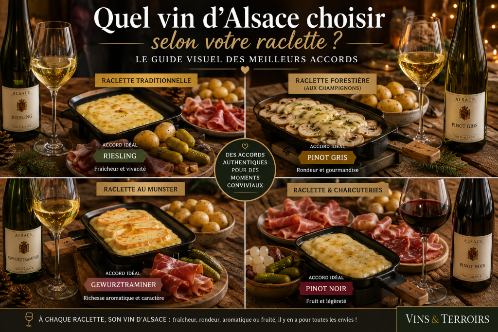 Guide visuel présentant les meilleurs accords entre les différentes raclettes et les vins d'Alsace, avec un Riesling pour la raclette traditionnelle, un Pinot Gris pour la raclette forestière, un Gewurztraminer pour le Munster et un Pinot Noir avec les charcuteries.