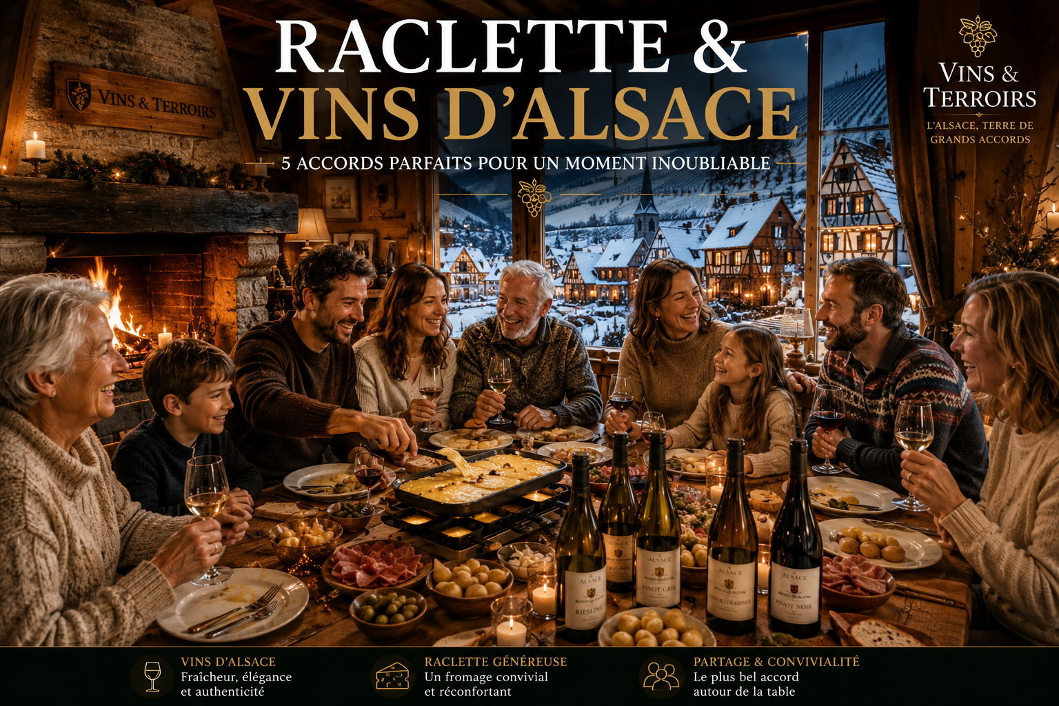 Famille et amis réunis autour d'une raclette dans un chalet chaleureux, partageant un repas accompagné de vins d'Alsace, avec un paysage enneigé alsacien visible à travers les fenêtres.