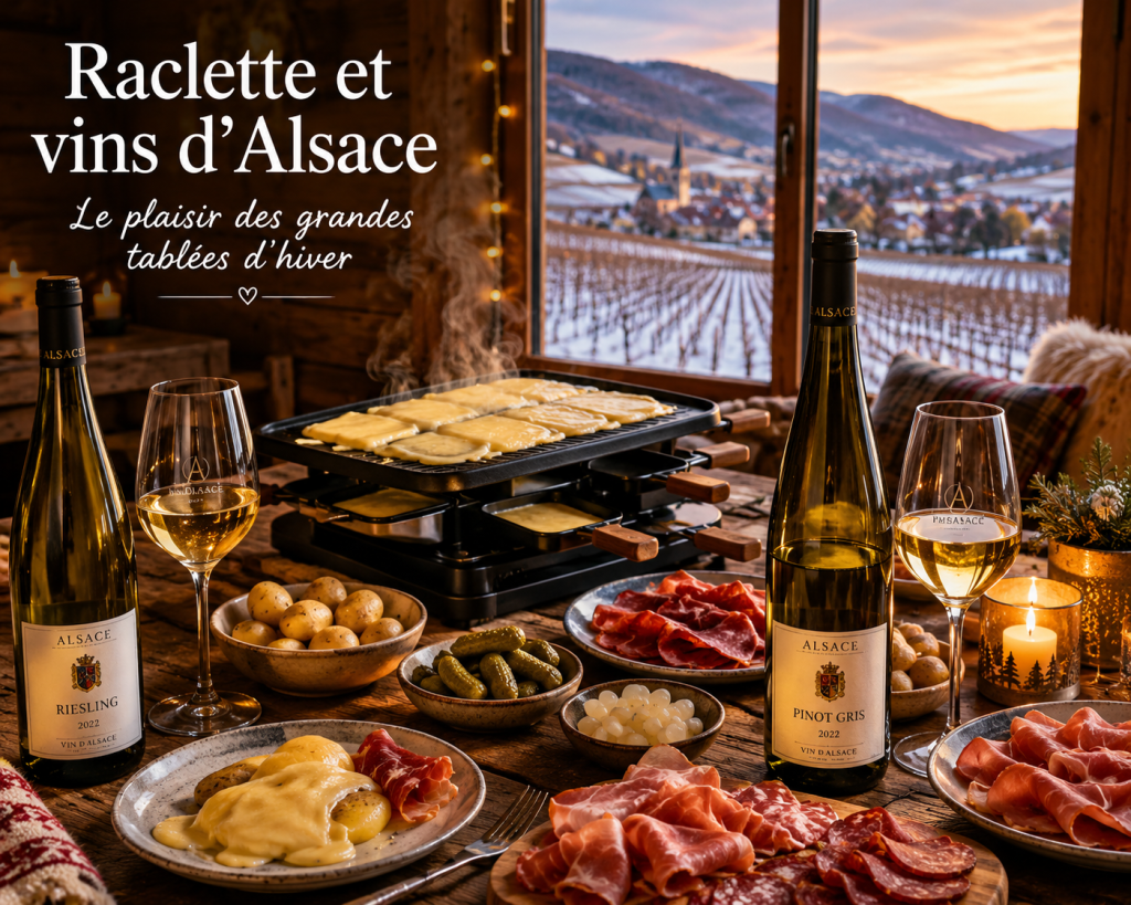 Table de raclette conviviale accompagnée d'un Riesling et d'un Pinot Gris d'Alsace dans un chalet chaleureux, avec vue sur les vignobles alsaciens enneigés. Illustration des meilleurs accords mets et vins pour l'hiver.
