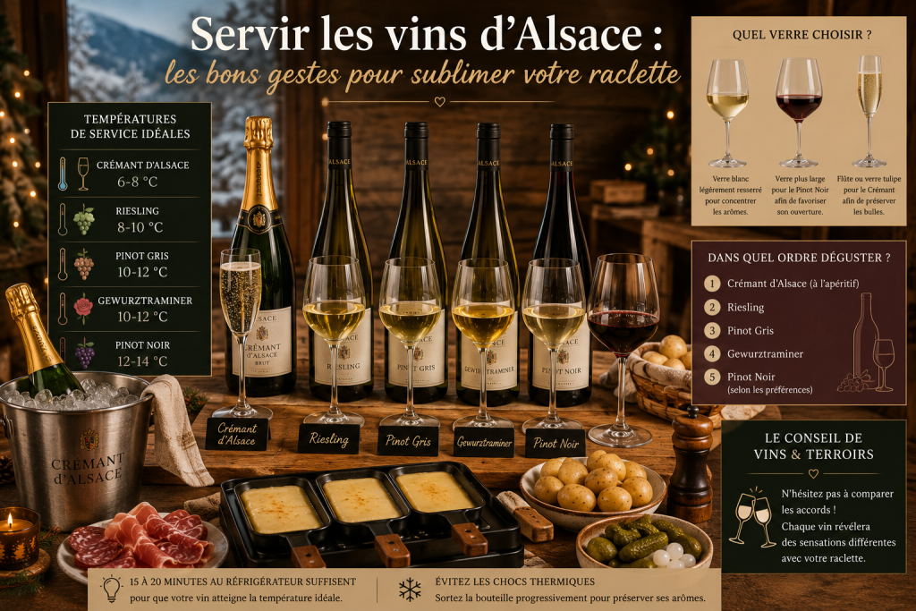 Illustration pédagogique présentant les bonnes pratiques pour servir les vins d'Alsace avec une raclette : températures idéales, choix des verres, ordre de dégustation et conseils de service autour d'une table chaleureuse.