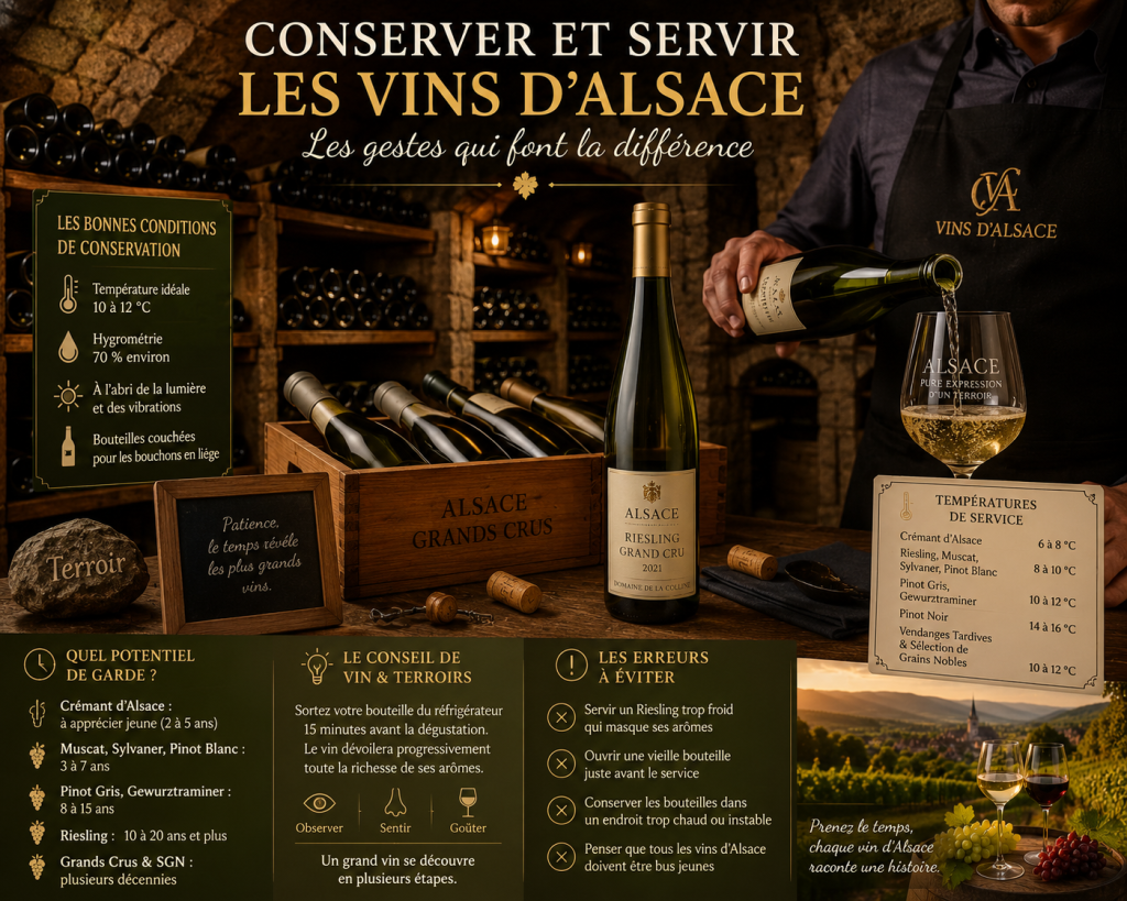 Cave à vin avec des bouteilles d'Alsace conservées à bonne température et service d'un Riesling dans un verre de dégustation.
