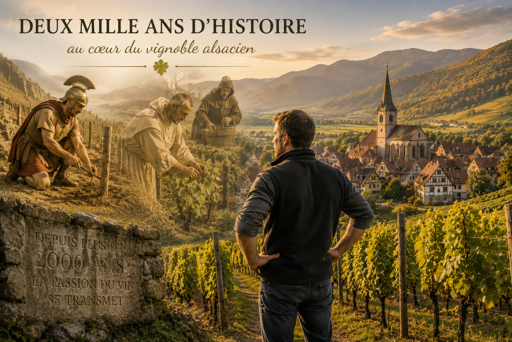 Illustration représentant l'évolution du vignoble alsacien, des Romains aux vignerons d'aujourd'hui, au cœur des paysages d'Alsace.