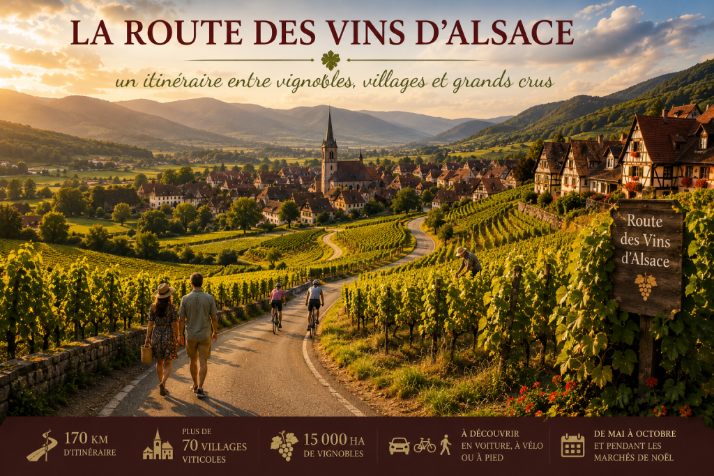 Vue panoramique de la Route des Vins d'Alsace serpentant entre les vignobles, les villages à colombages et les coteaux des Vosges.