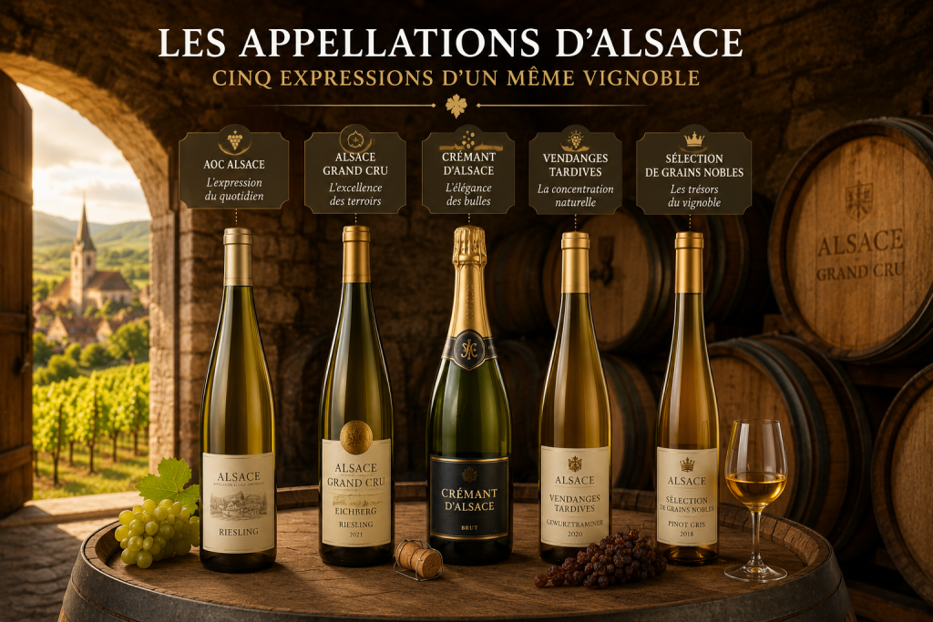 Les principales appellations des vins d'Alsace présentées dans une cave traditionnelle avec cinq bouteilles représentatives du vignoble alsacien.