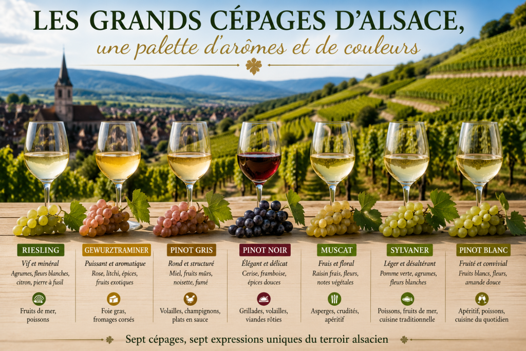 Les principaux cépages des vins d'Alsace présentés avec leurs grappes de raisin devant les vignobles alsaciens.