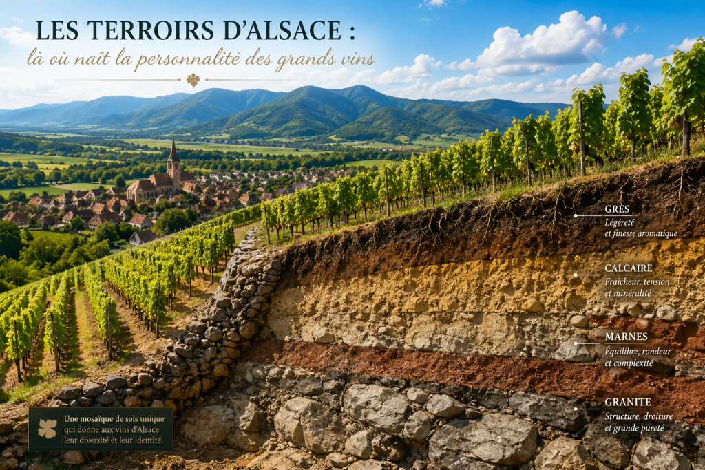 Coupe d'un coteau viticole en Alsace montrant les différentes couches géologiques sous les vignes, avec les Vosges en arrière-plan.