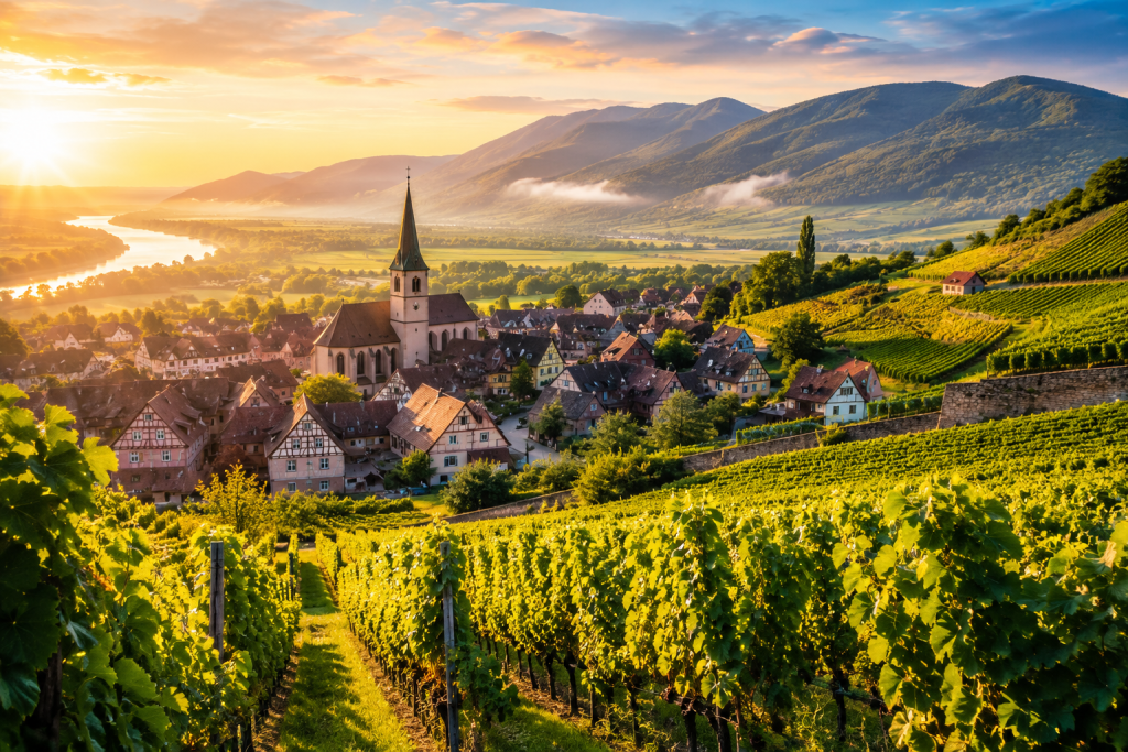 Panorama des vignobles d'Alsace au lever du soleil avec un village à colombages au pied des Vosges.