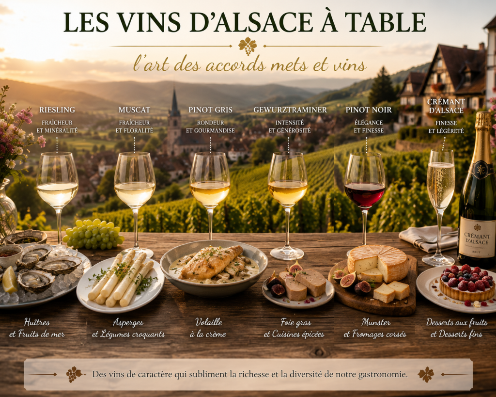 Table gastronomique mettant en scène les meilleurs accords entre les vins d'Alsace et les spécialités culinaires, face aux vignobles alsaciens.