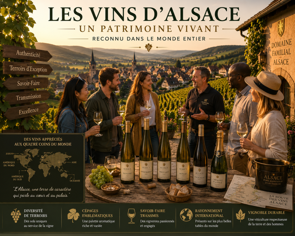Des visiteurs découvrent les vins d'Alsace dans un domaine viticole, illustrant le rayonnement international et le savoir-faire du vignoble alsacien.