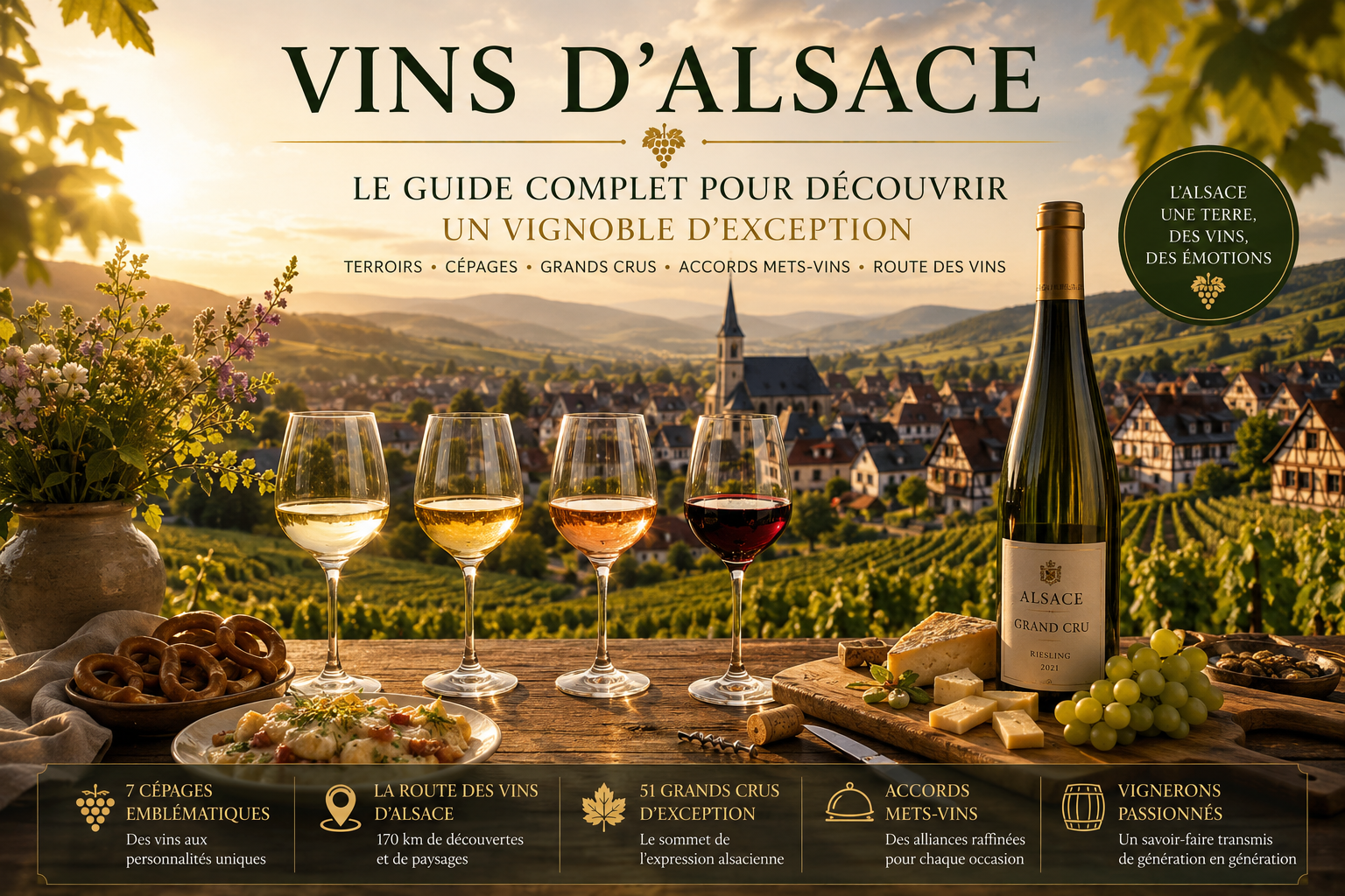 Panorama des vignobles d'Alsace avec des verres de dégustation, une bouteille de Grand Cru et un village viticole au cœur des Vosges.
