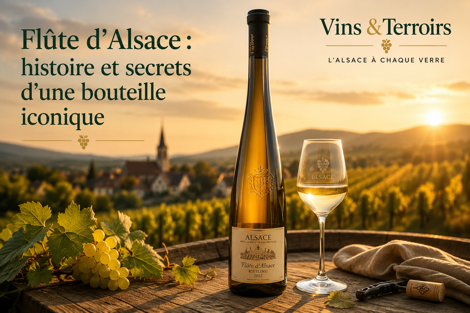 Flûte d’Alsace traditionnelle posée devant les vignobles alsaciens au coucher du soleil, illustrant l’histoire et les caractéristiques de cette bouteille emblématique.
