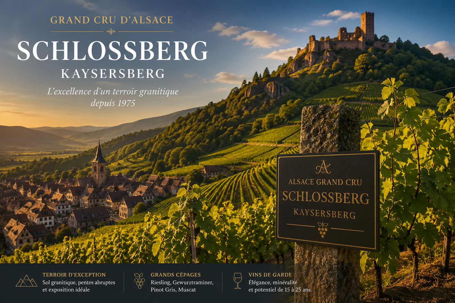 Panorama du Grand Cru Schlossberg à Kaysersberg avec ses vignobles en terrasses sur sol granitique, les ruines du château médiéval et le village alsacien baignés par une lumière dorée.