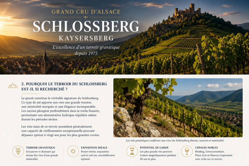 Vieille vigne du Grand Cru Schlossberg enracinée dans un sol granitique avec les vignobles de Kaysersberg en arrière-plan, illustrant le terroir unique des grands vins d'Alsace.