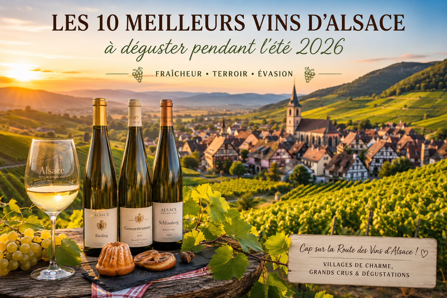 Panorama des vignobles d'Alsace au coucher du soleil avec bouteilles de Riesling, Gewurztraminer et Riesling Grand Cru sur la Route des Vins d'Alsace, illustration des 10 meilleurs vins d'Alsace à découvrir pendant l'été 2026.