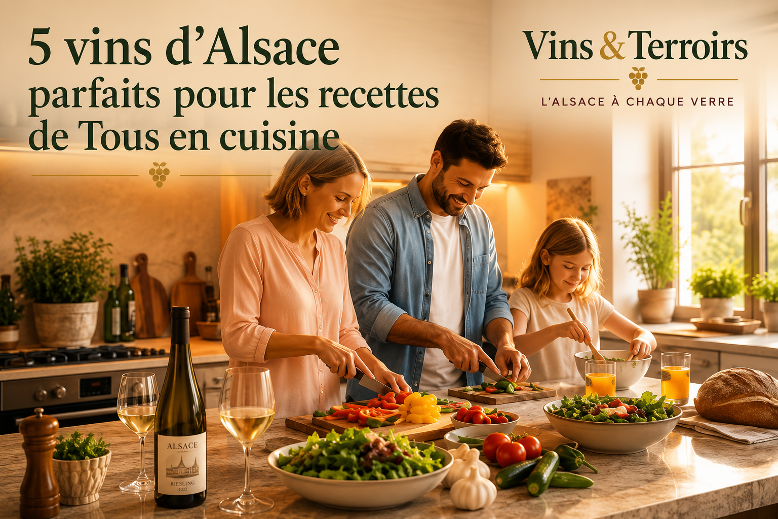 recettes et Famille préparant un repas inspiré de Tous en cuisine avec une bouteille de vin d’Alsace sur le plan de travail, illustrant les meilleurs accords mets et vins.