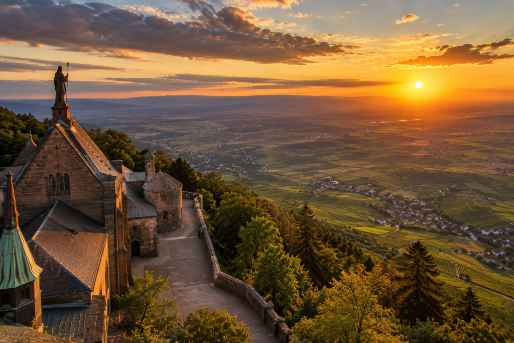 Panorama du Mont Sainte-Odile au coucher du soleil avec la plaine d'Alsace, les vignobles de la Route des Vins, les villages alsaciens et les reliefs de la Forêt-Noire baignés par la lumière dorée de la golden hour.
