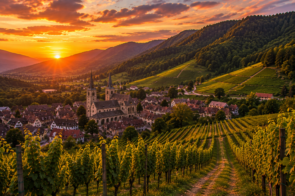 Vue panoramique d'Andlau au coucher du soleil depuis les vignobles du Grand Cru Kastelberg, avec l'abbatiale Saints-Pierre-et-Paul, les coteaux viticoles, les premières forêts des Vosges et la lumière dorée de la golden hour.