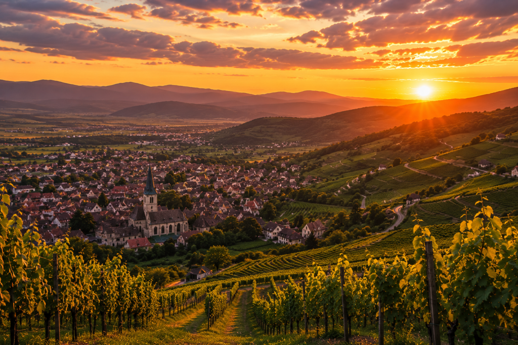 Vue panoramique de Barr au coucher du soleil depuis les vignobles du Grand Cru Kirchberg, avec les rangées de vignes, le centre historique, les collines du Piémont des Vosges et la lumière dorée de la golden hour.