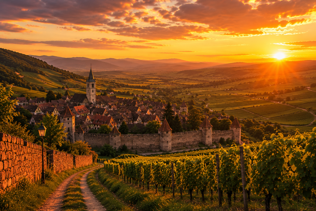Vue panoramique de Dambach-la-Ville au coucher du soleil depuis les vignobles du Grand Cru Frankstein, avec les remparts médiévaux, les maisons à colombages, les rangées de vignes et les collines alsaciennes baignées par la lumière dorée de la golden hour.