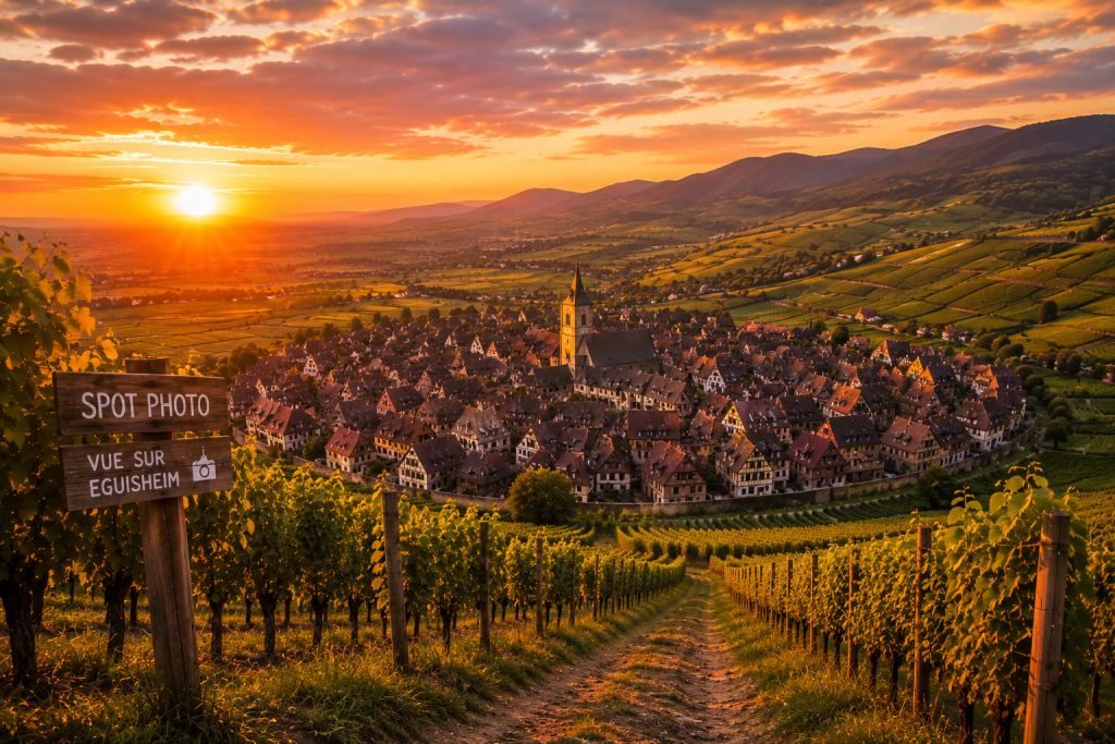 Vue panoramique d'Eguisheim au coucher du soleil depuis les vignobles, avec les maisons à colombages, les rangées de vignes et les collines alsaciennes baignées par la lumière dorée de la golden hour.