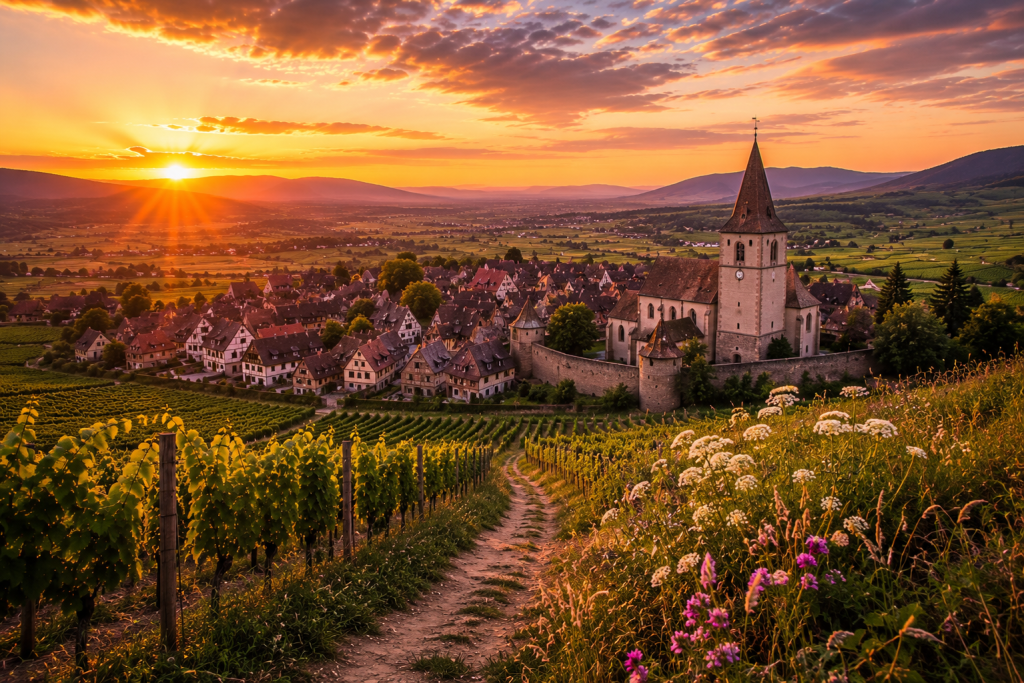 Vue panoramique de Hunawihr au coucher du soleil depuis les vignobles du Grand Cru Rosacker, avec l'église fortifiée, les maisons à colombages et les vignes alsaciennes baignées par la lumière dorée de la golden hour.