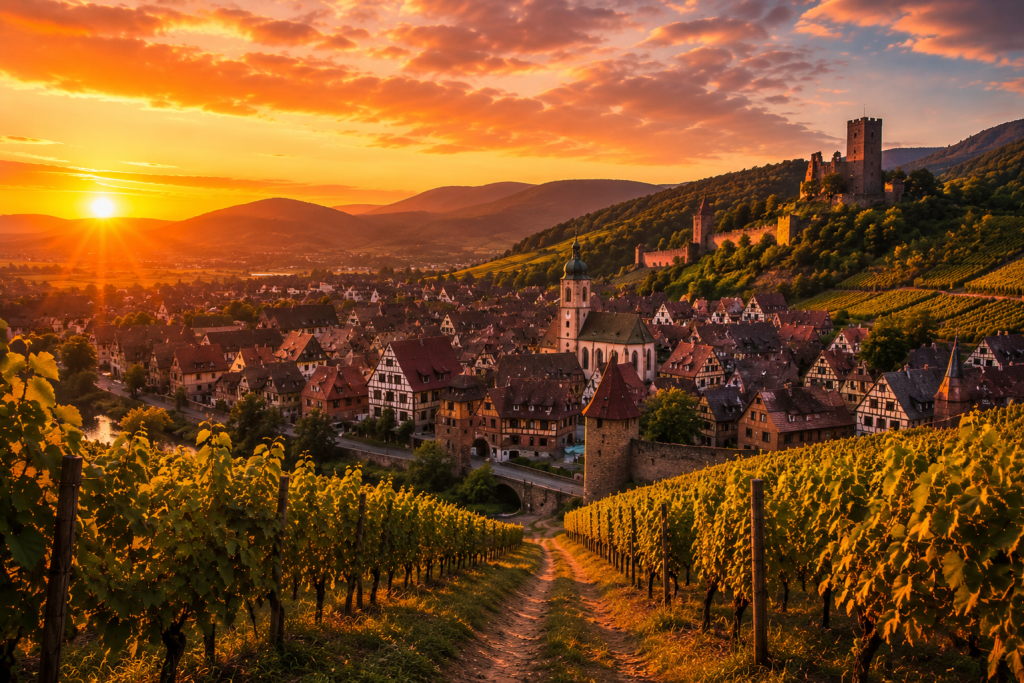 Vue panoramique de Kaysersberg au coucher du soleil depuis les vignobles du Grand Cru Schlossberg, avec le château médiéval, les maisons à colombages et les vignes baignées par la lumière dorée de la golden hour.