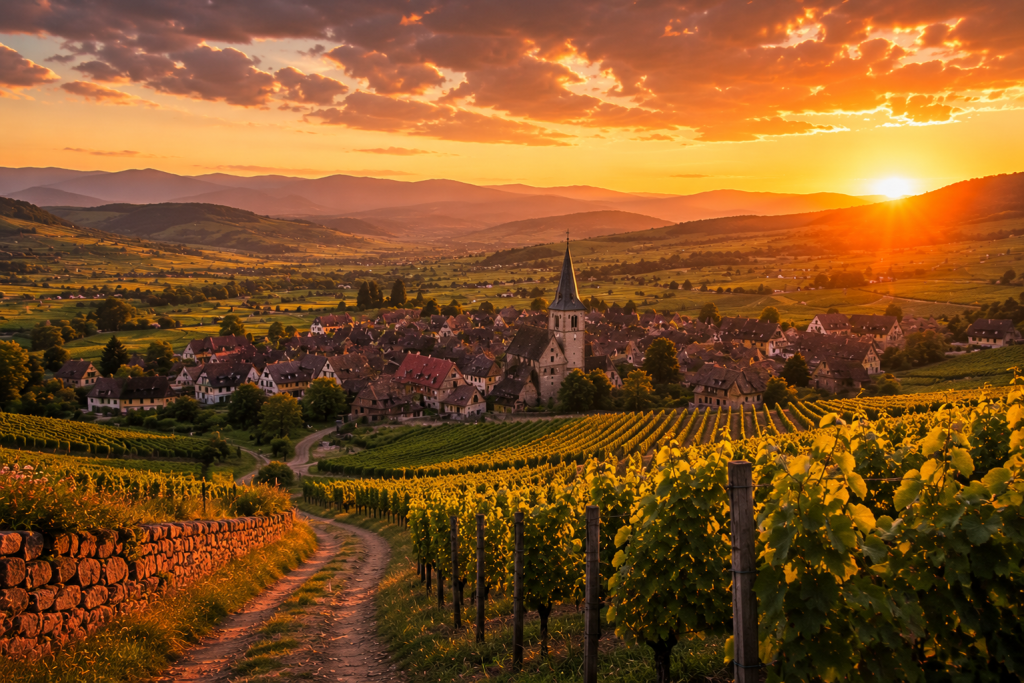 Vue panoramique de Mittelbergheim au coucher du soleil depuis les vignobles du Grand Cru Zotzenberg, avec les maisons Renaissance, les rangées de vignes et les collines alsaciennes baignées par la lumière dorée de la golden hour.