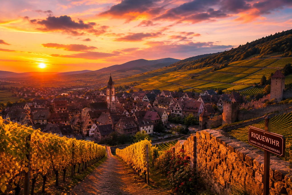 Coucher de soleil sur le village de Riquewihr au cœur de la Route des Vins d'Alsace, avec les vignobles du Grand Cru Schoenenbourg, les remparts médiévaux et les maisons à colombages baignés par la lumière dorée du soir.