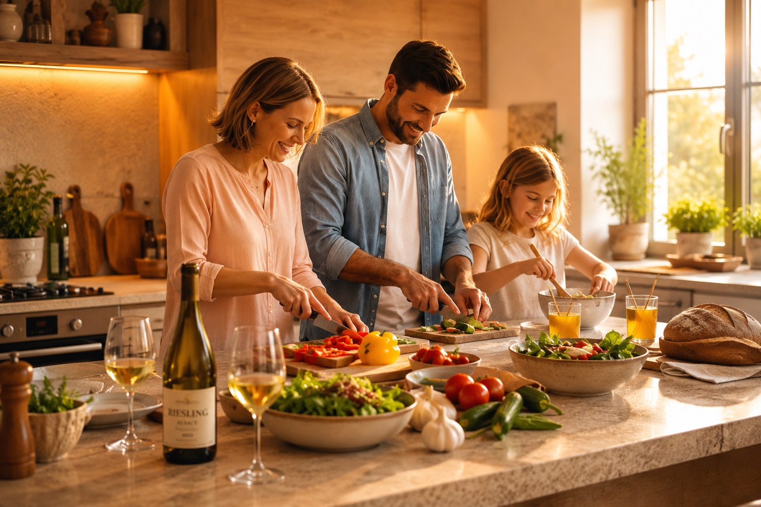 Famille préparant un repas maison dans une cuisine moderne avec une bouteille de Riesling d’Alsace et des verres de vin