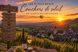 couchers du soleil sur la Route des Vins d'Alsace avec vignobles, villages alsaciens, bouteille de vin d'Alsace et lumière dorée de la golden hour.