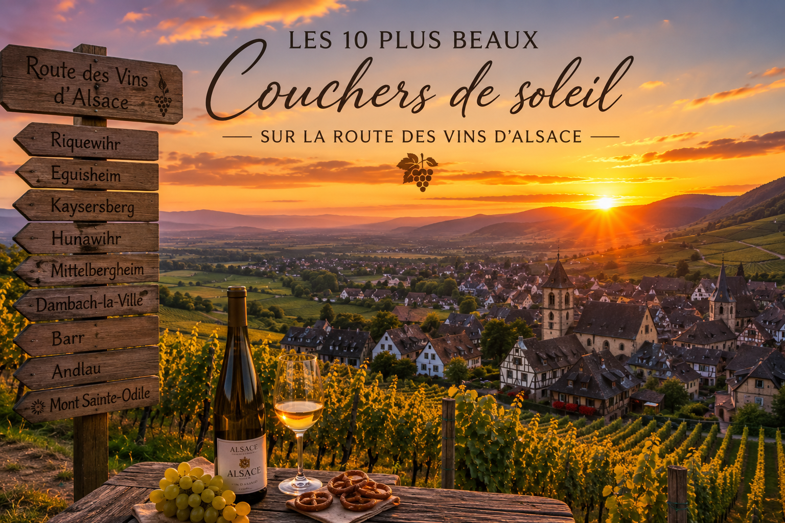 couchers du soleil sur la Route des Vins d'Alsace avec vignobles, villages alsaciens, bouteille de vin d'Alsace et lumière dorée de la golden hour.