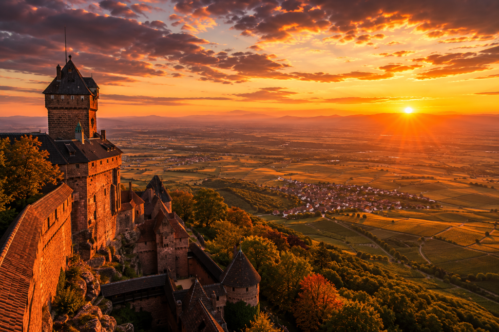 Panorama spectaculaire au coucher du soleil depuis le château du Haut-Koenigsbourg, dominant les vignobles de la Route des Vins d'Alsace, les villages alsaciens et la plaine du Rhin baignés par la lumière dorée de la golden hour.