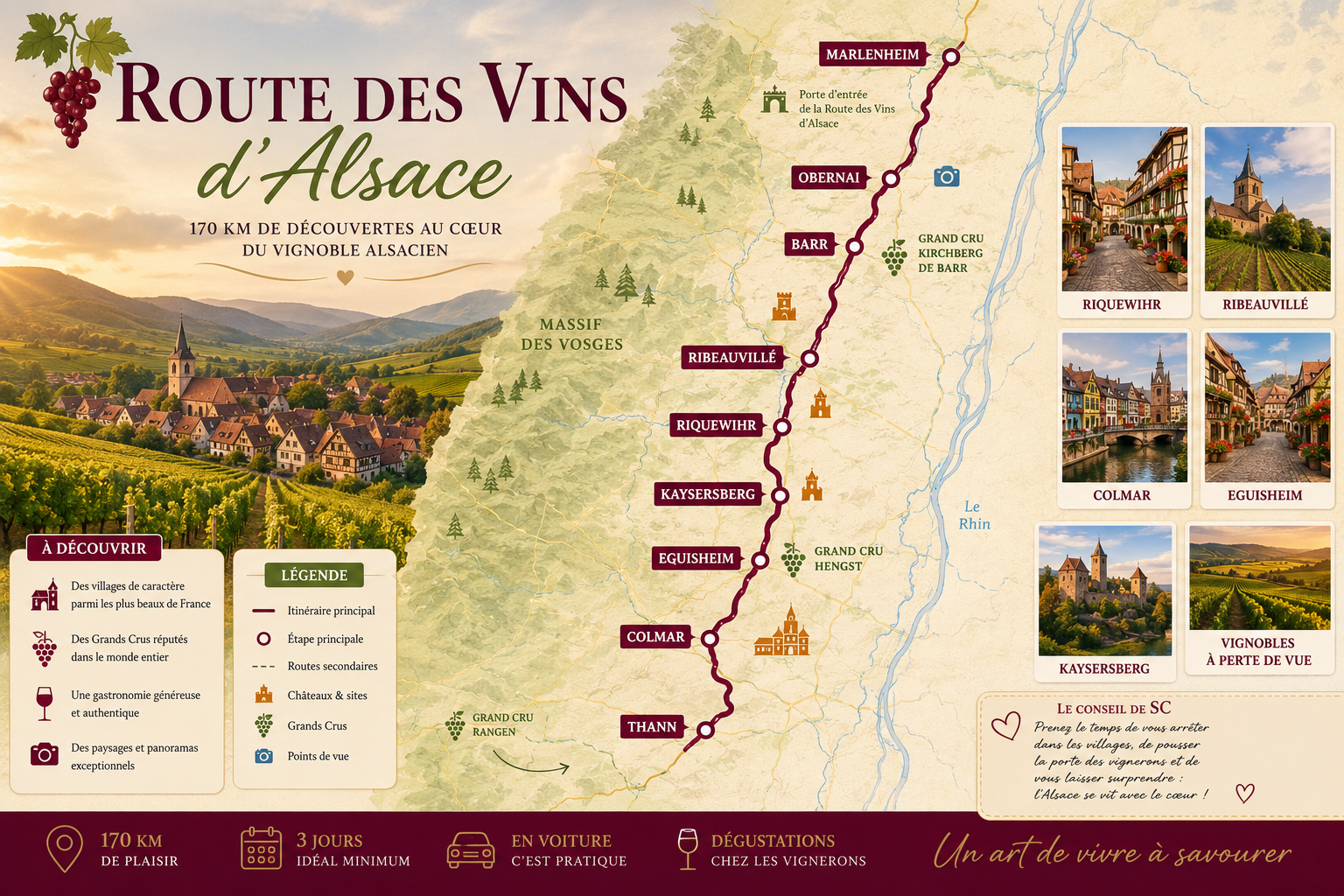Carte illustrée de la Route des Vins d'Alsace présentant l'itinéraire complet entre Marlenheim et Thann avec les principaux villages viticoles, Grands Crus et étapes incontournables du vignoble alsacien.