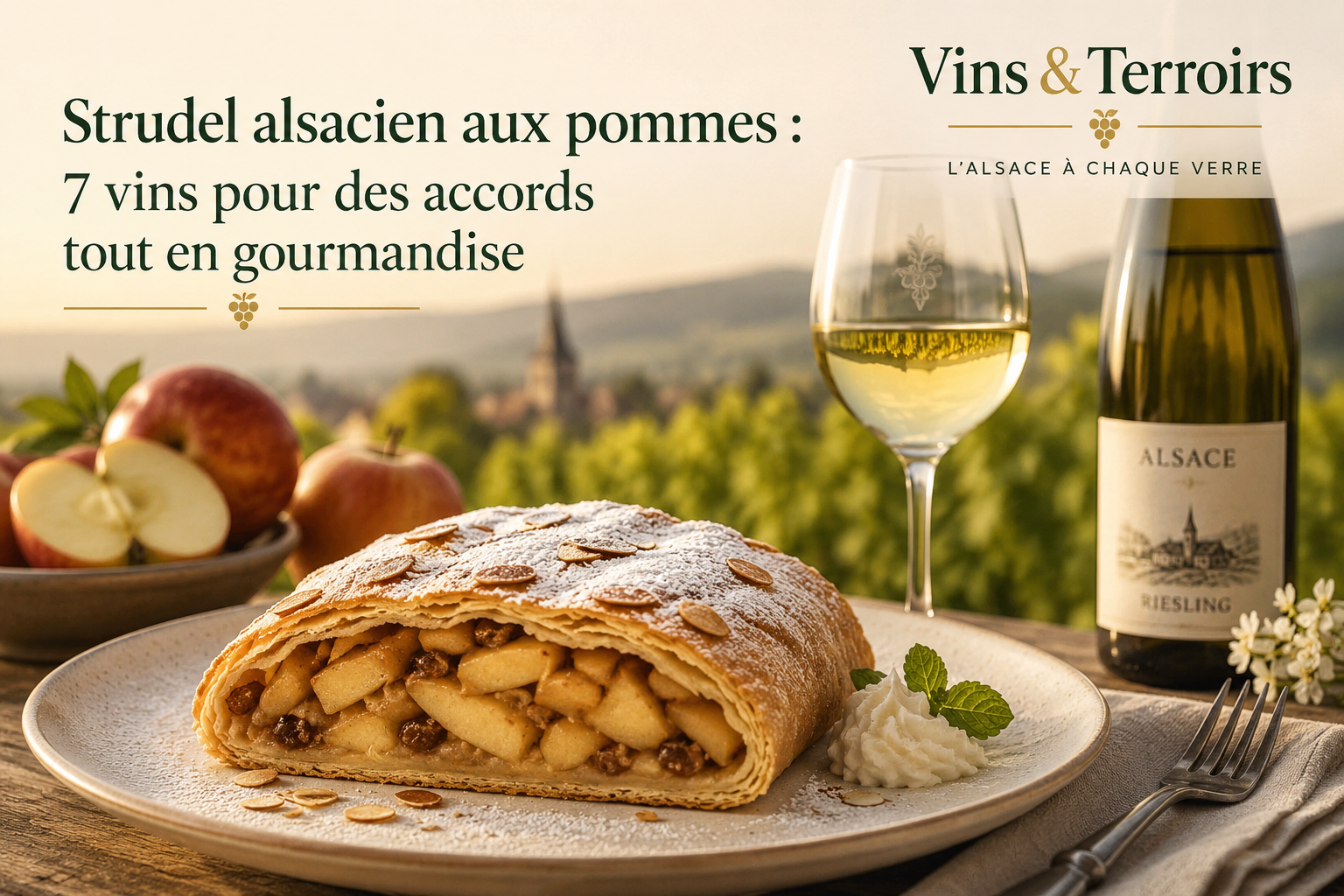 Strudel alsacien aux pommes accompagné d’un verre de vin blanc d’Alsace, devant les vignobles alsaciens au coucher du soleil, illustrant les meilleurs accords mets et vins.
