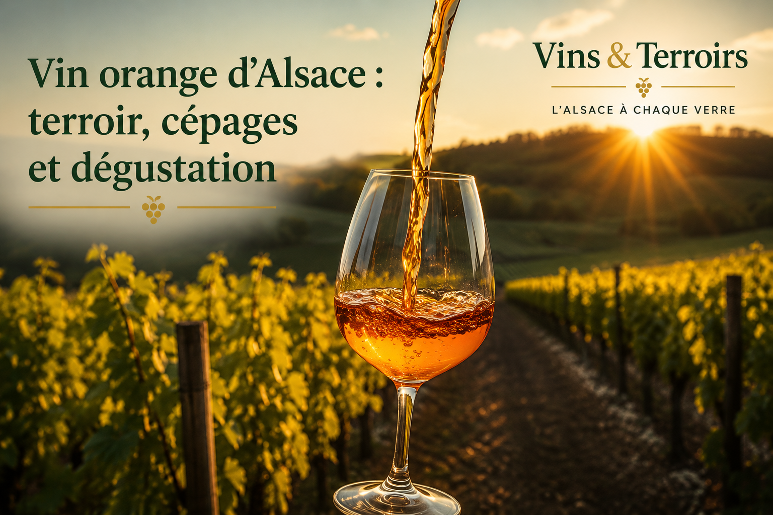 Verre de vin orange d’Alsace servi au cœur des vignobles alsaciens au coucher du soleil, illustrant un article consacré au terroir, aux cépages et à la dégustation.