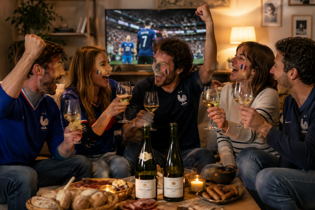 Supporters célébrant une victoire de l’équipe de France autour de vins d’Alsace lors d’une soirée conviviale de Coupe du Monde.
