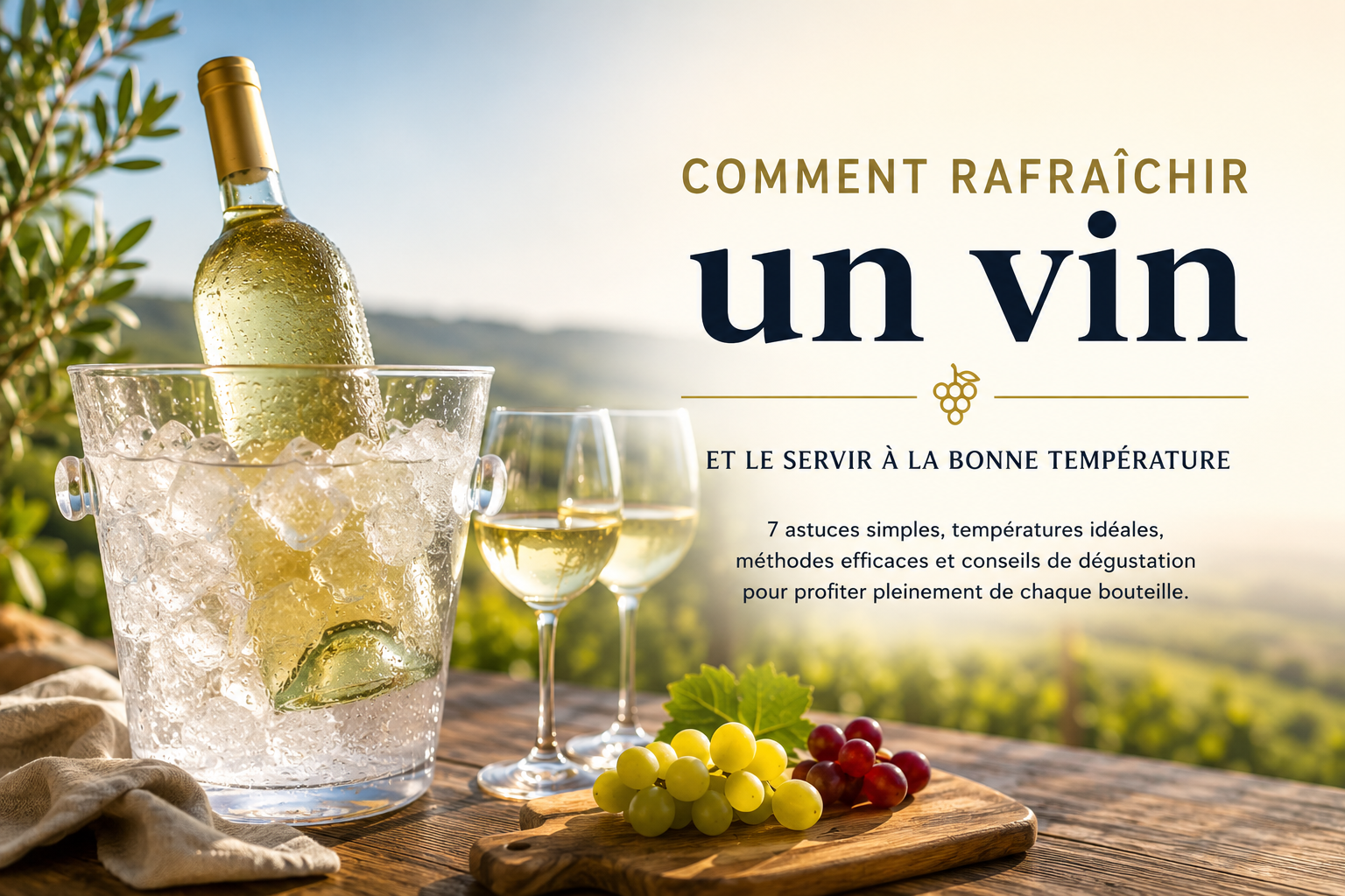 Bouteille de vin blanc à rafraîchir dans un seau rempli de glace sur une terrasse ensoleillée, avec deux verres prêts pour une dégustation estivale.