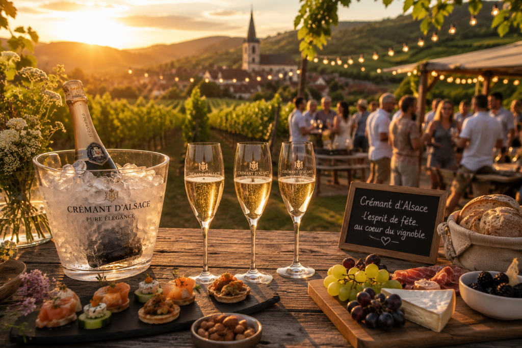 Dégustation de Crémant d’Alsace lors d’un apéritif estival au cœur des vignobles alsaciens avec vue sur un village de la Route des Vins d’Alsace.
